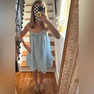 Blue and White Striped short balloon dress with pockets